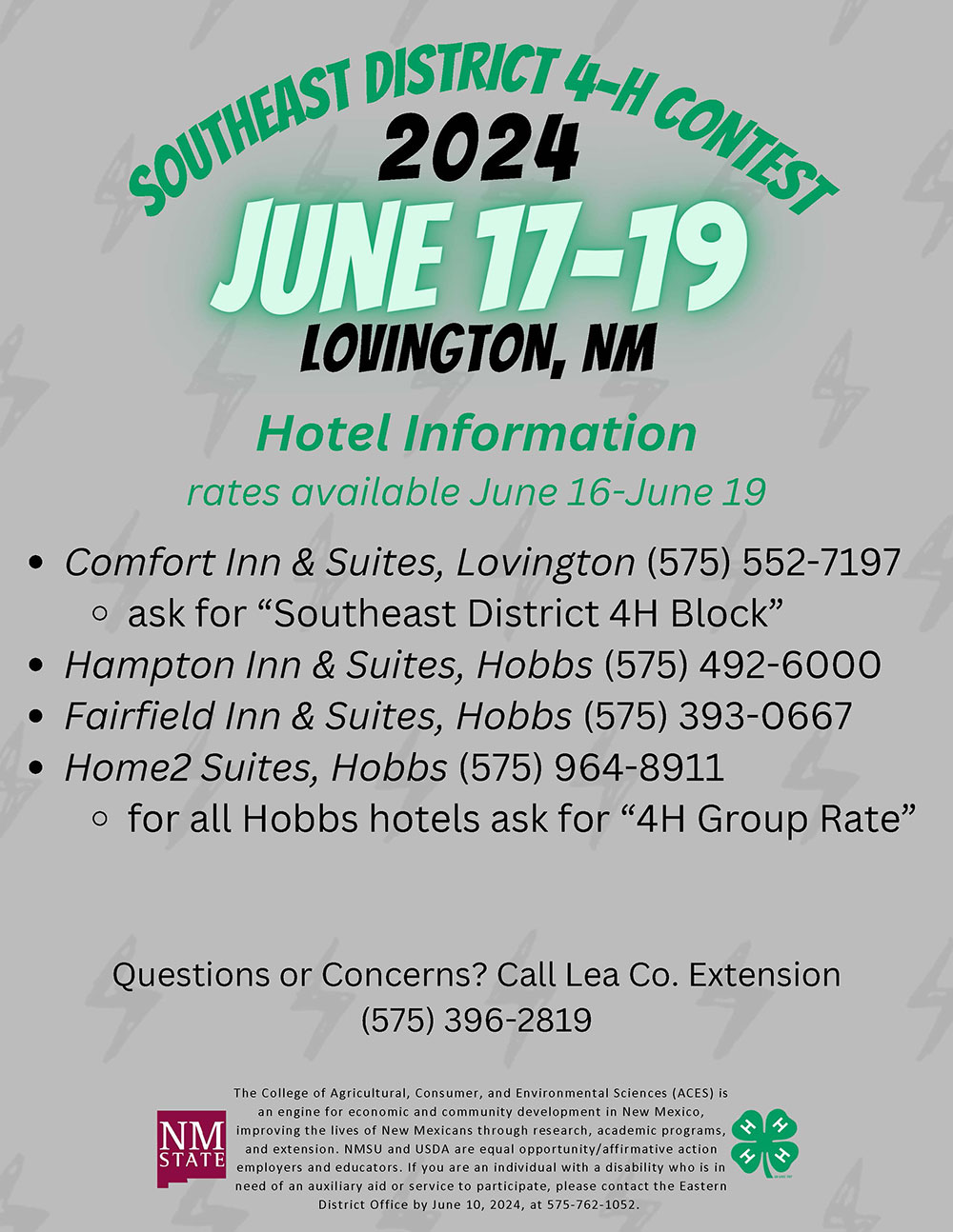 Hotel information for 4H Fair